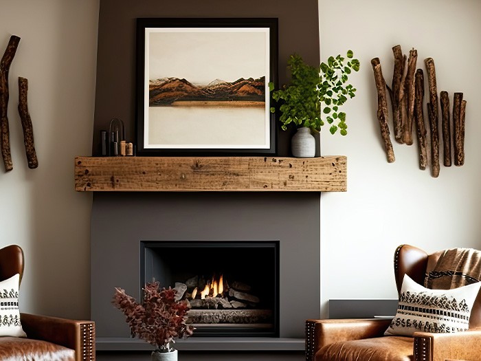 black fireplace with leather chairs